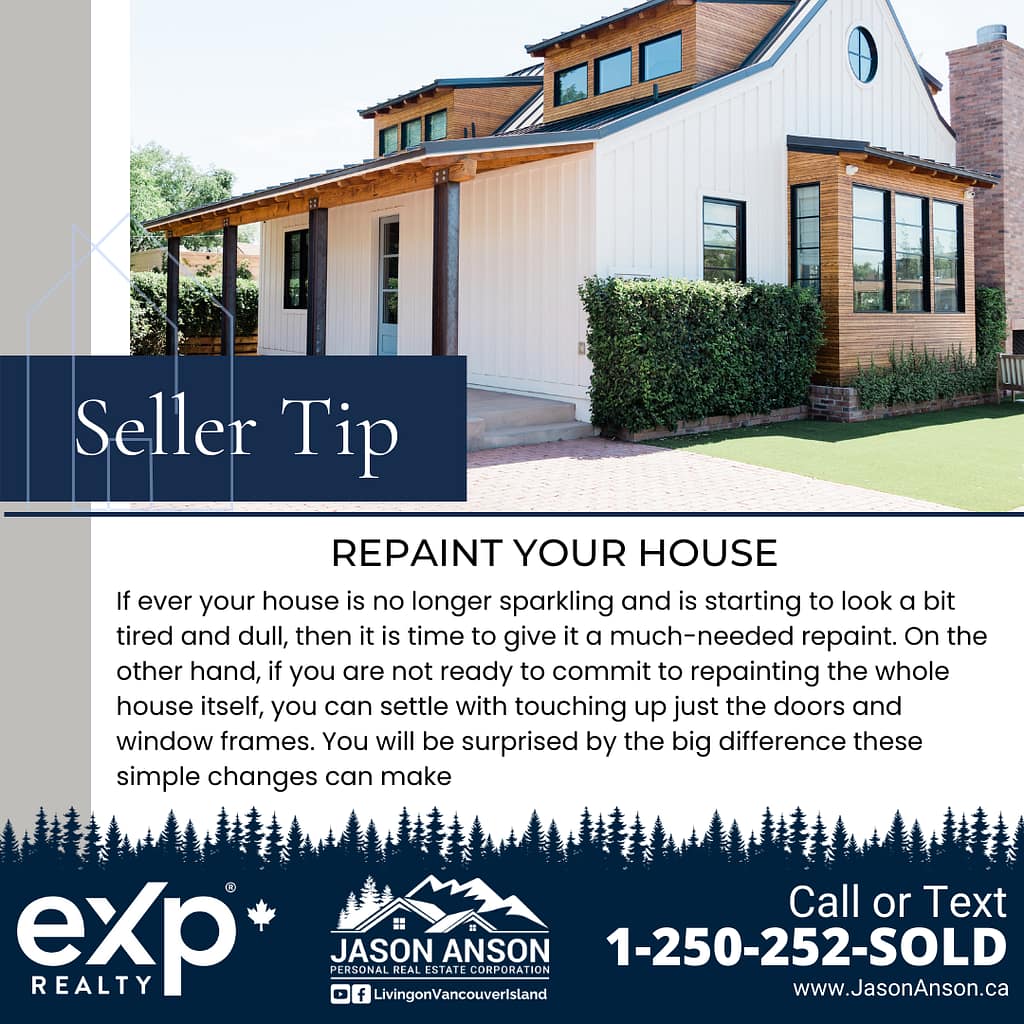 Promotional real estate image featuring a modern two-story house with wooden and brick exteriors. The image highlights a seller tip suggesting repainting the house to enhance its appeal. Contact information for Jason Anson from eXp Realty is provided along with a call-to-action for selling property in the Vancouver Island area.
