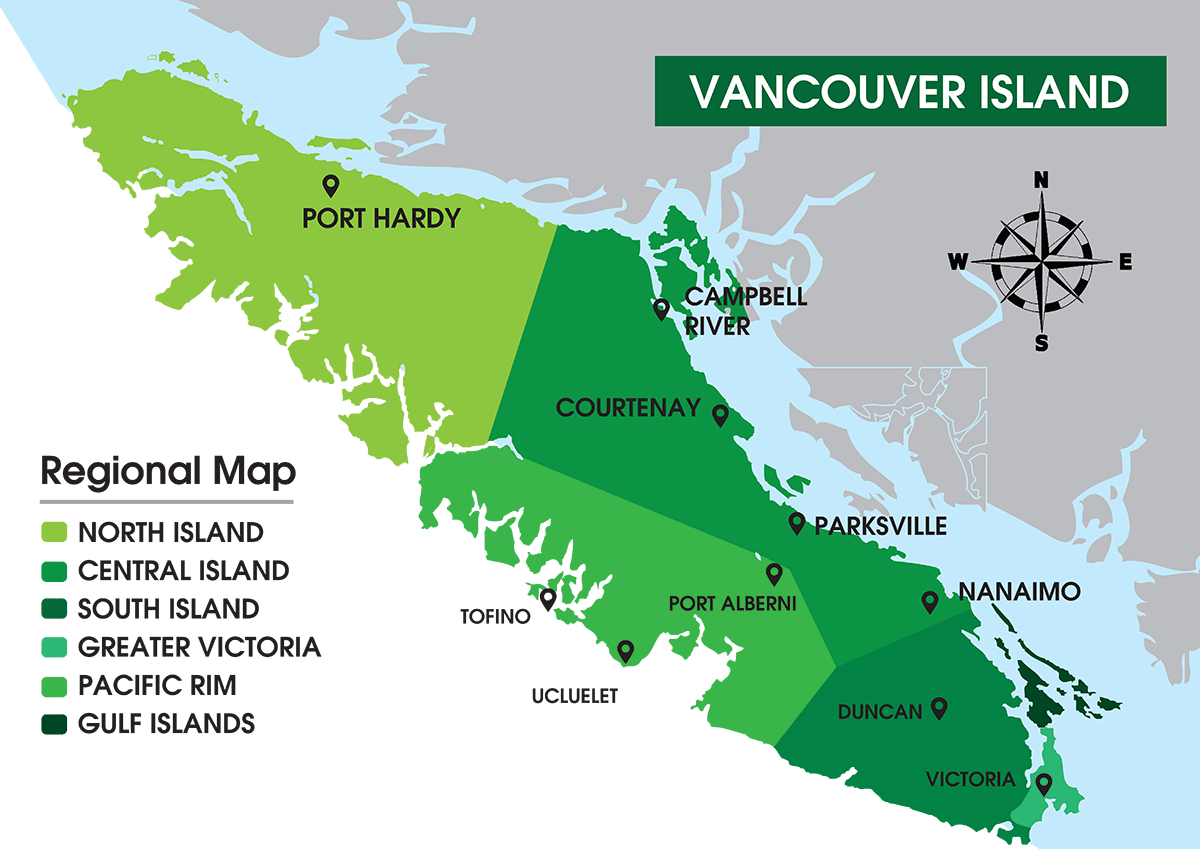 Vancouver Island map with various real estate markets marked.