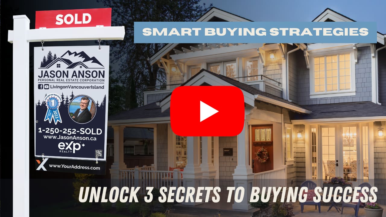 Evening view of a sold property with a promotional real estate sign for Jason Anson. The sign advertises a YouTube video on smart buying strategies and teases exclusive buying tips.