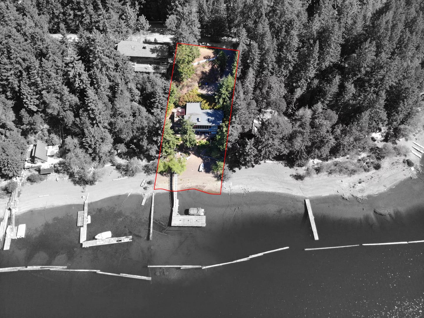 Aerial view of a property outlined in red in Youbou, showcasing a significant reduction in valuation, juxtaposed against the surrounding greyscale forest and waterfront.