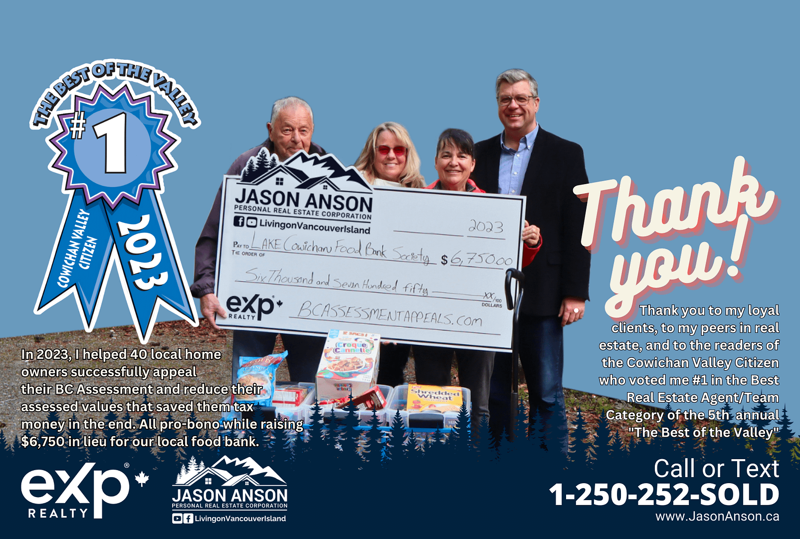 Jason Anson with colleagues, presenting a ,750 check to the Cowichan Food Bank, commemorating his accolades as Vancouver Island's #1 Realtor and a community advocate.
